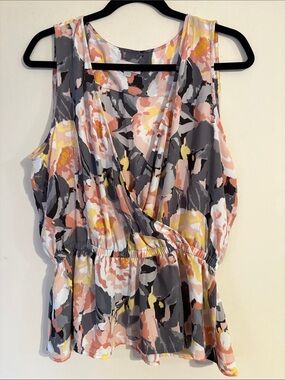 LOFT Outlet Floral Surplice Sleeveless Peplum Top in Peach, Gray, Yellow